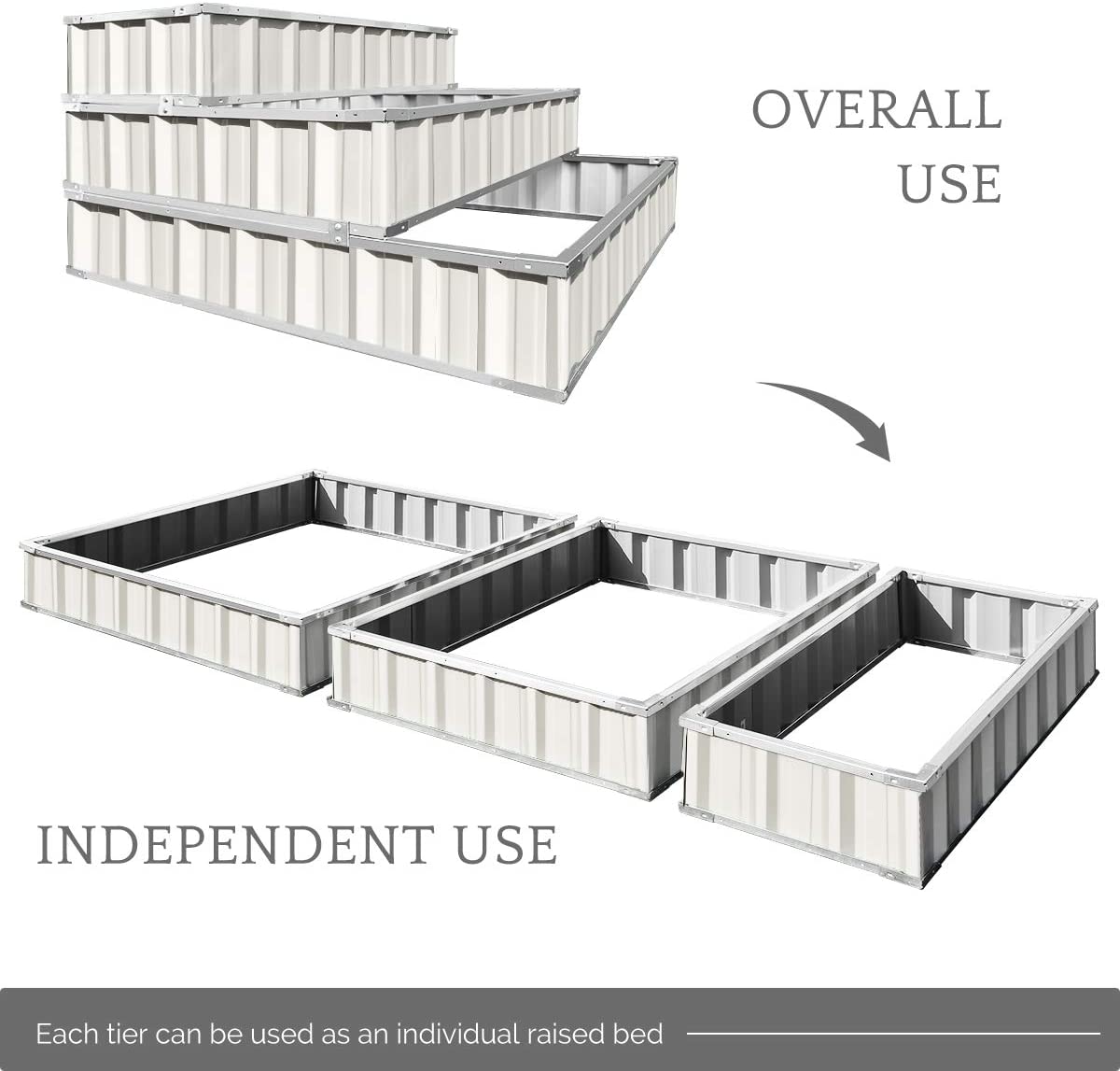 3 Tiers Raised Garden Bed Dismountable Frame Galvanized  Metal Patio Garden Elevated Planter Box 46\u2019\u2019x46\u2019\u2019x23.6\u2019\u2019 for Growing Vegetables  (Ivory)