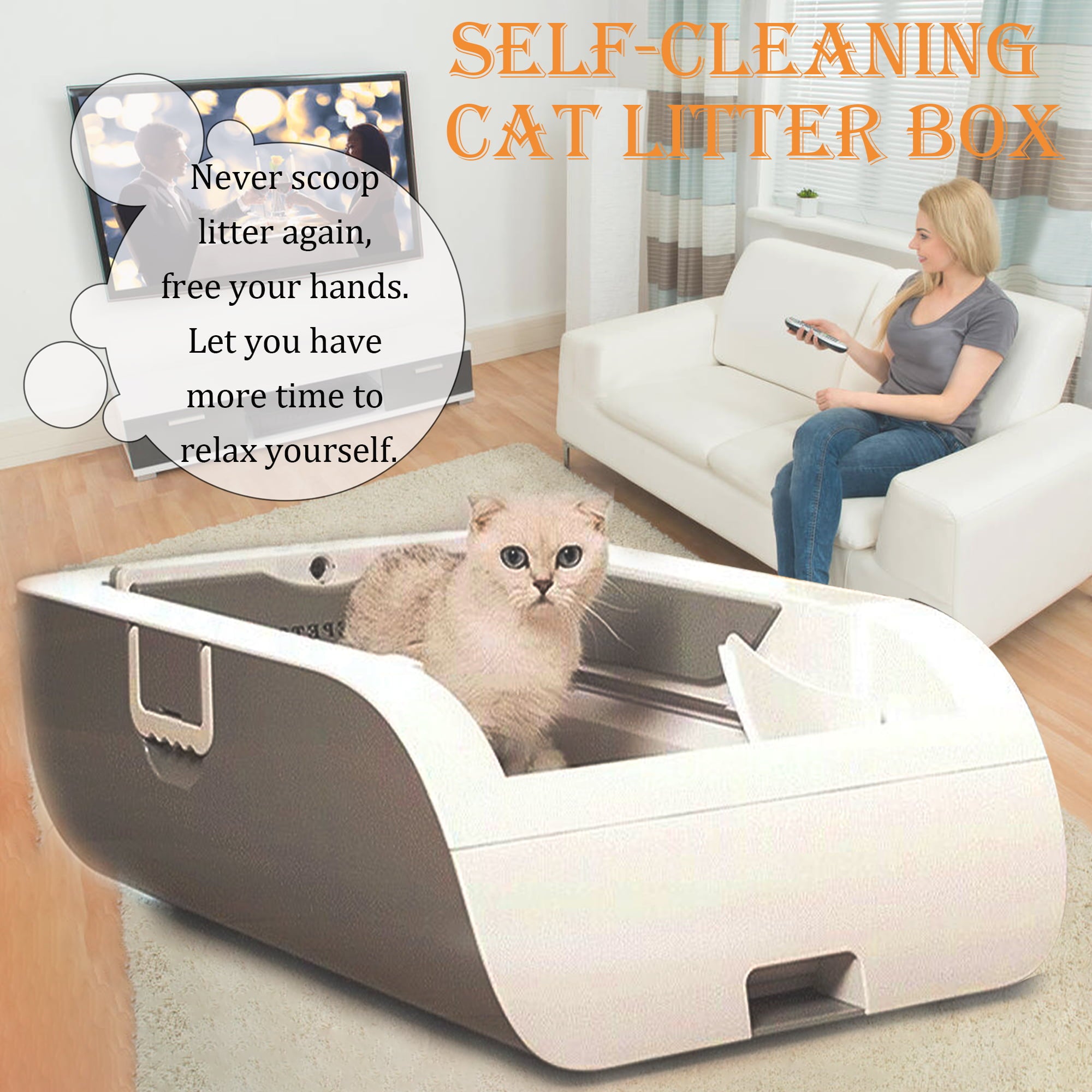 Suhaco Self-cleaning Cat Litter Box Smart Automatic Cat Litter Box Intelligent Sensing Anti-pinch No Scooping Odor Removal APP Control with Hood and Litter Mat