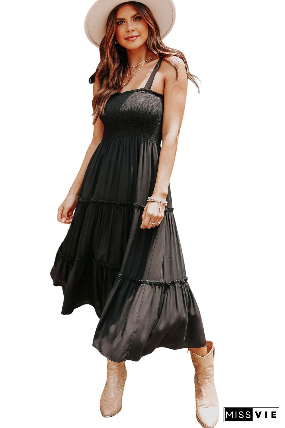 Black Tie Strap Smocked Frill Tiered Midi Dress