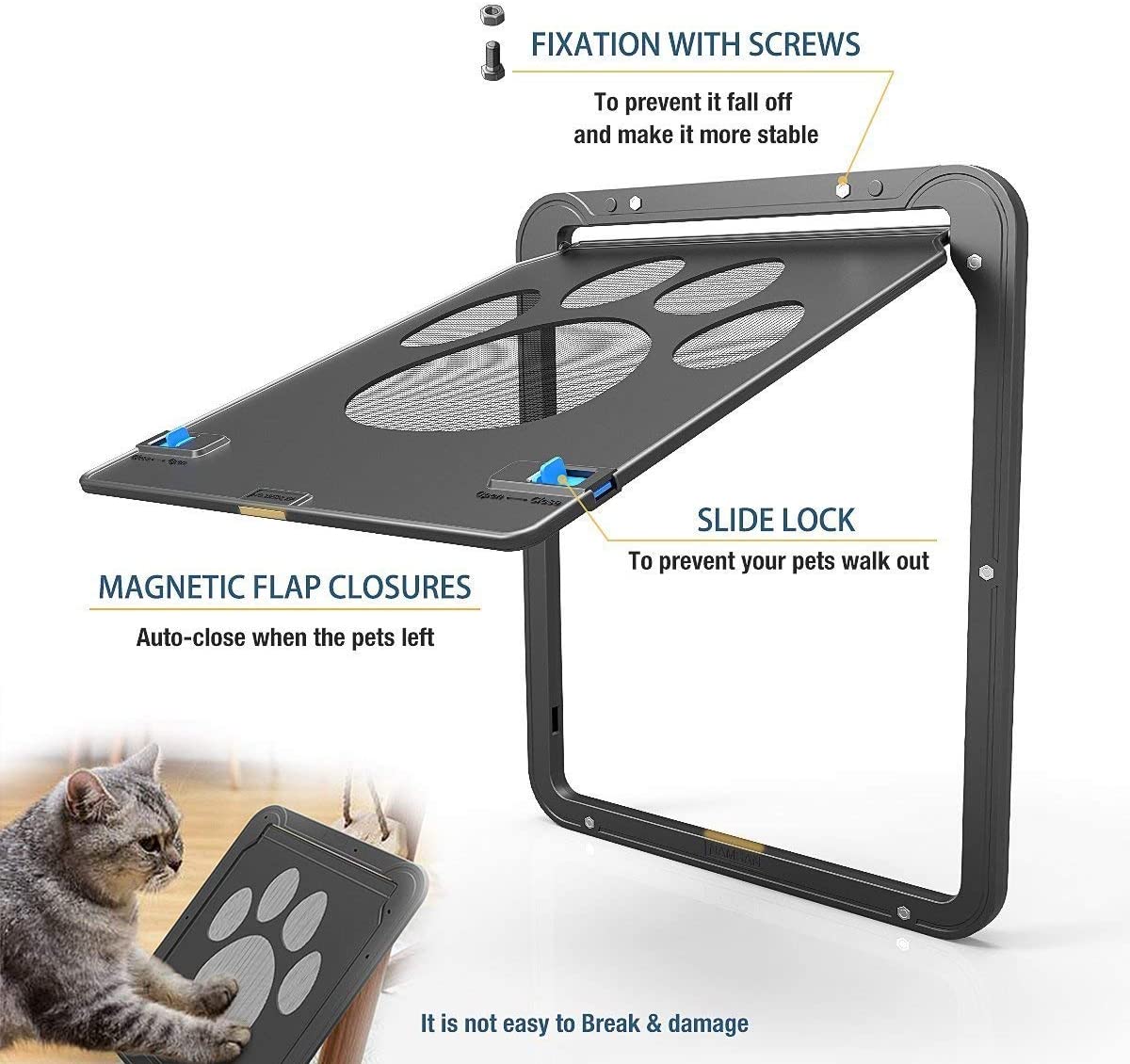 Ownpets Pet Lockable Flap Screen Doors， Magnetic Locking Sliding Square Plastic Dog Cat Small Gate