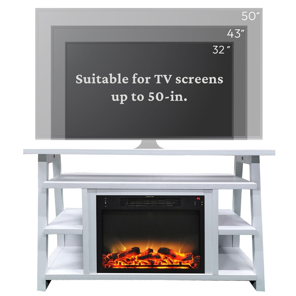 Cambridge 32 In. Sawyer Industrial Electric Fireplace Mantel with Realistic Log   Grate Insert and Color Changing Flames  White