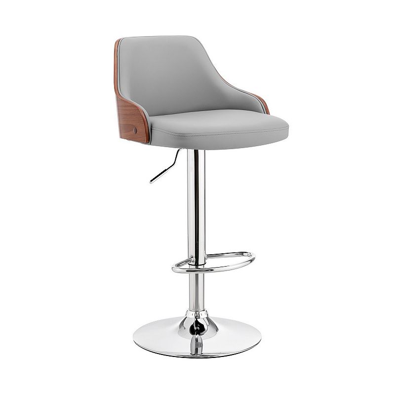 Faux Leather and Metal Adjustable Bar Stool， Gray and Silver