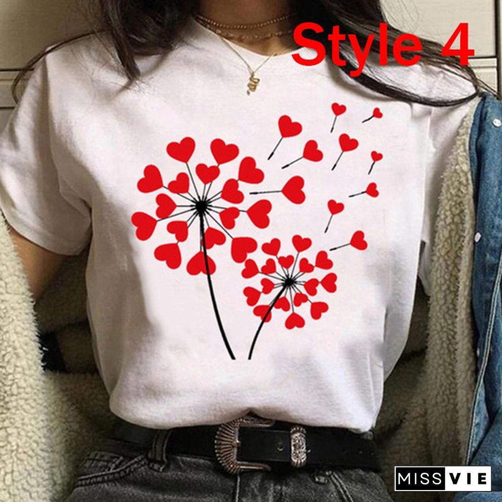 Women Clothes Lady Tees Graphic Printing Love Heart Sweet Valentine Cute Fashion Tops Female T Shirt Womens T-Shirt