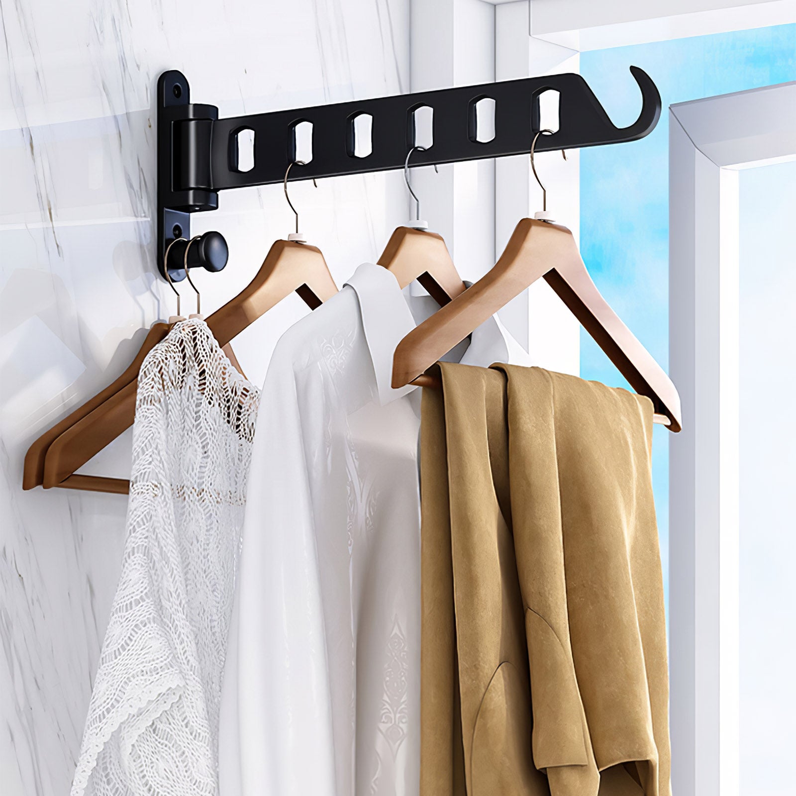 Folding Drying Rack Wall Mounted Clothes Hanger Coat Dryer Clothing Organizer for Laundry Bedroom Indoor Outdoor, Black