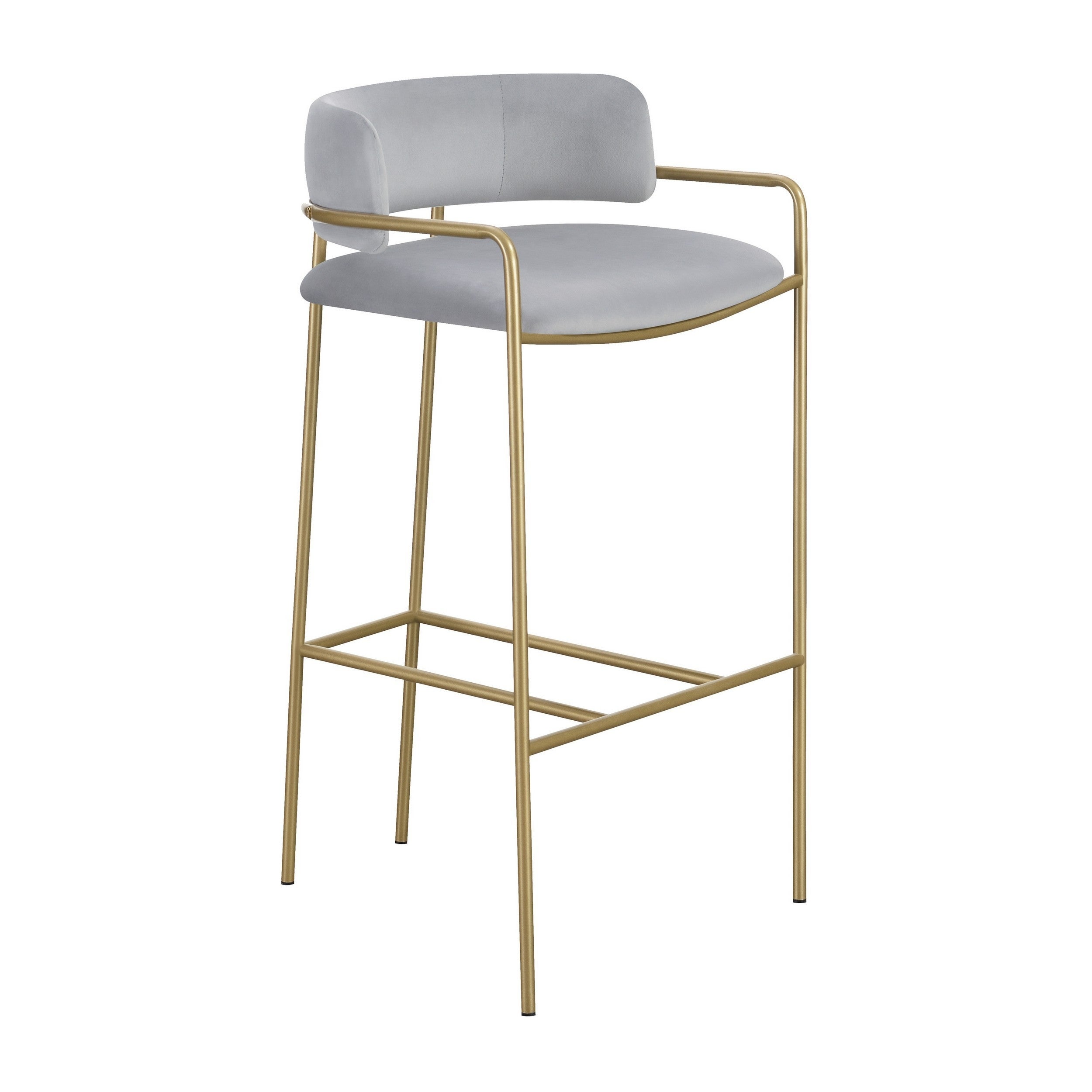 Lox 30 Inch Modern Barstool， Gray Padded Back and Seat， Gold Finish Metal