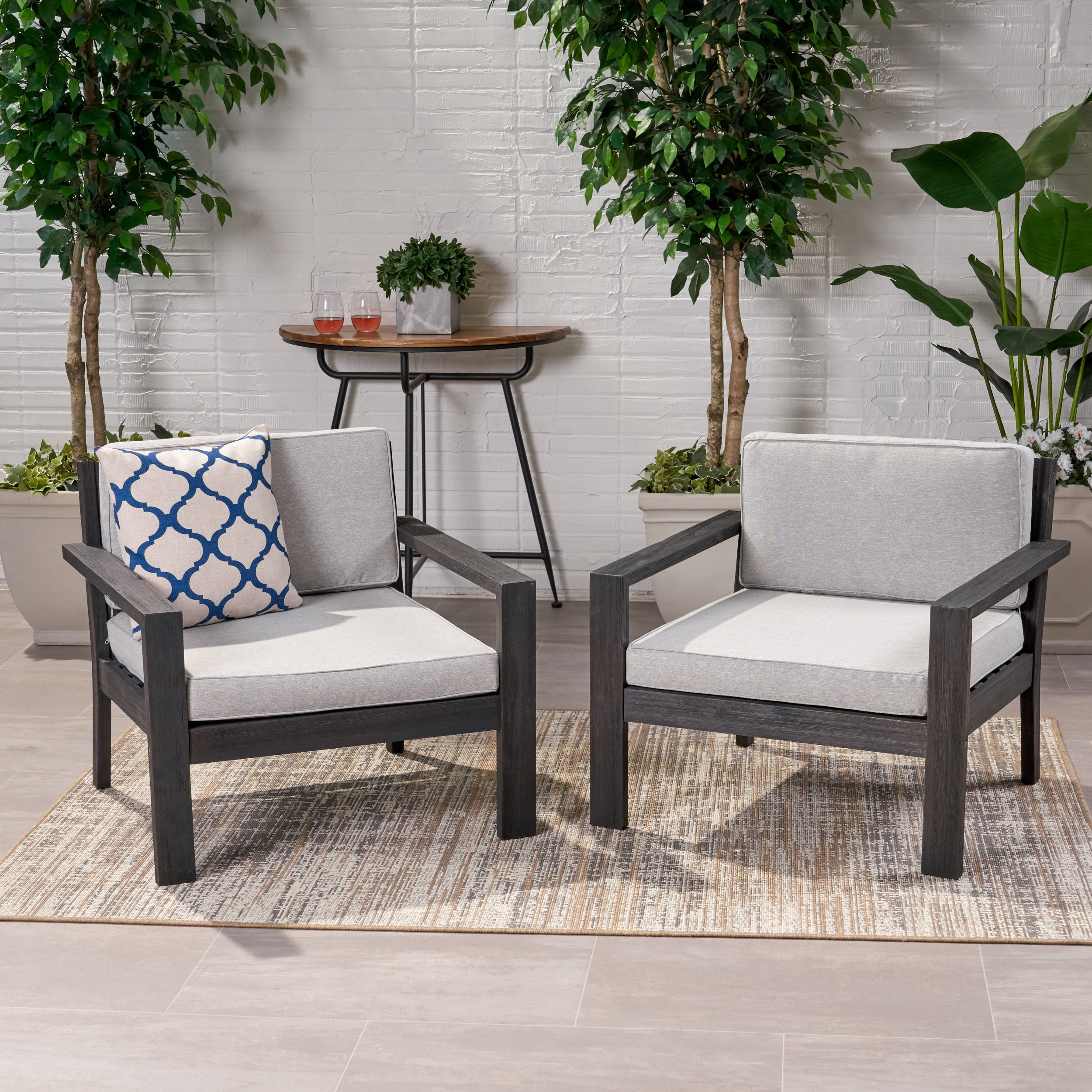 Susan Outdoor Acacia Wood Club Chairs with Cushions (Set of 2)