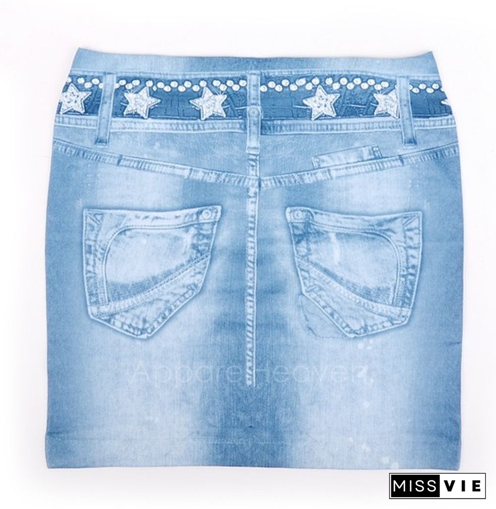 Sexy Ladies Blue Skinny Jeans Elastic Imitation Denim Bag Hip Short Mini Skirt AP