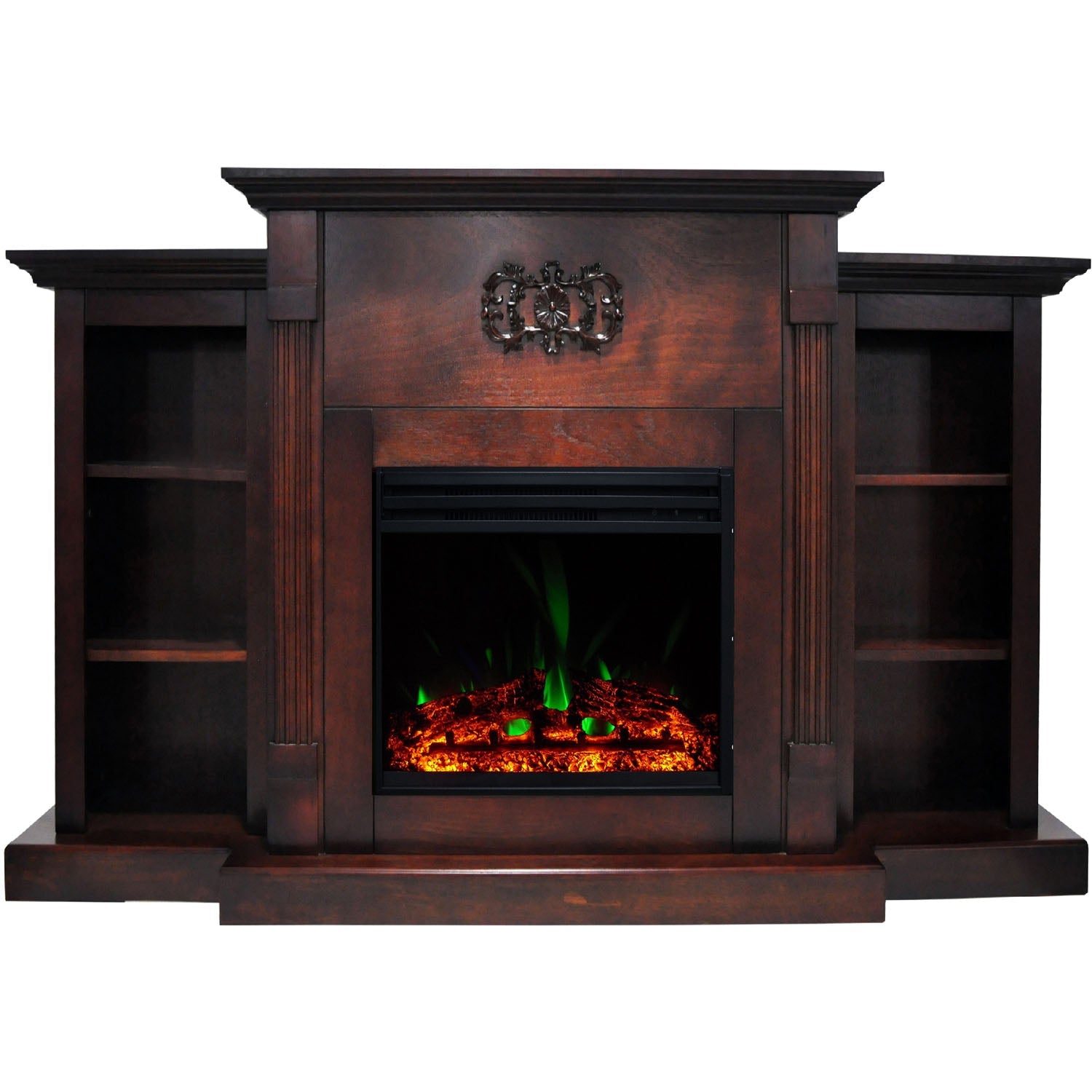 Cambridge Sanoma 72'' Electric Fireplace with Enhanced Charred Log Insert | Multi-Color Flame | For Rooms up to 210 Sq.Ft | Remote | Mahogany Mantel | Adjustable Heat Settings