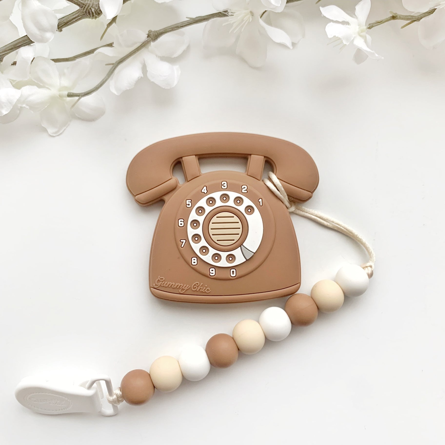 Rotary Dial Phone Teether with Clip - Camel by Gummy Chic