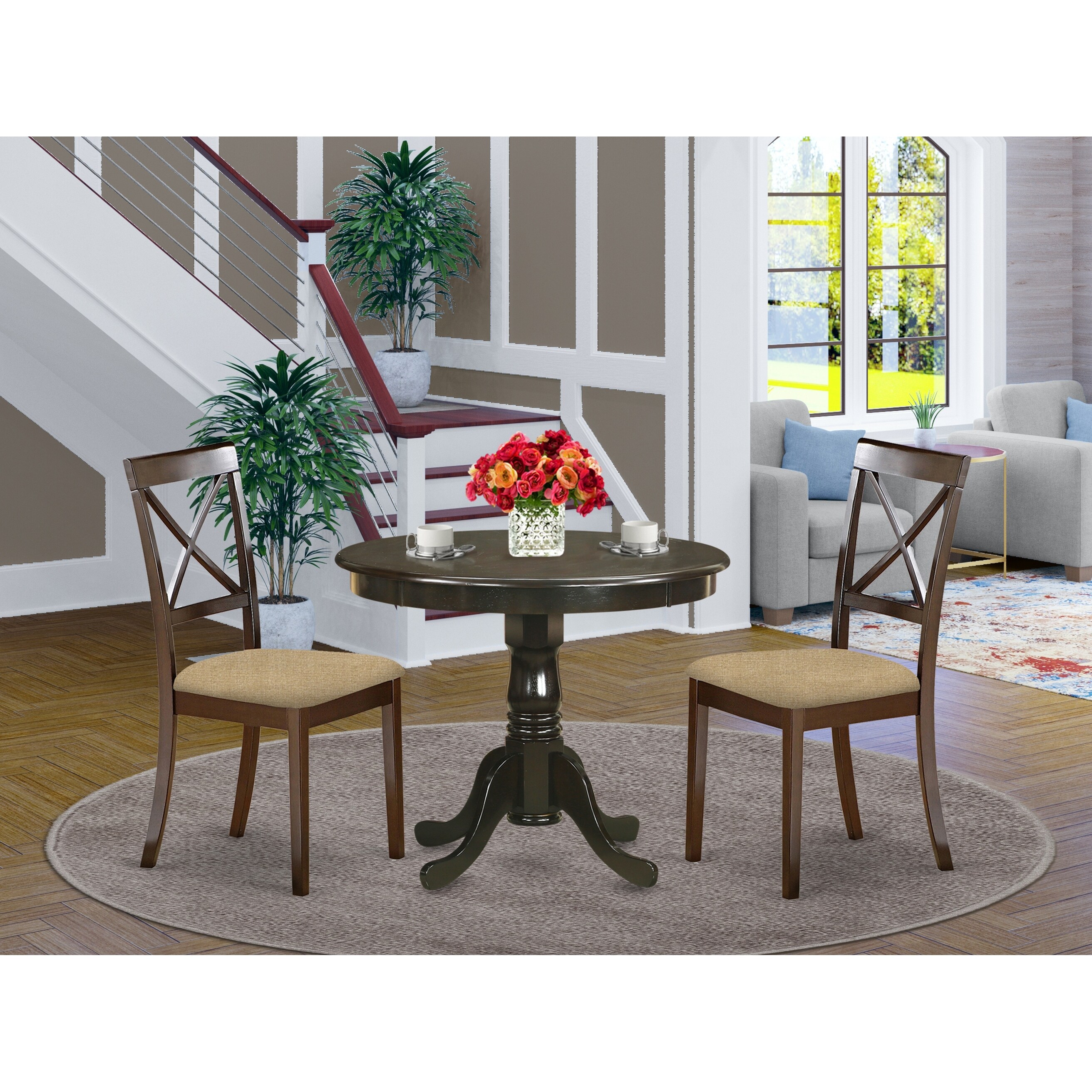 3 Piece Kitchen Set - Round Kitchen Table and 2 Dining Chairs - Cappuccino Finish (Seat's Type Options)