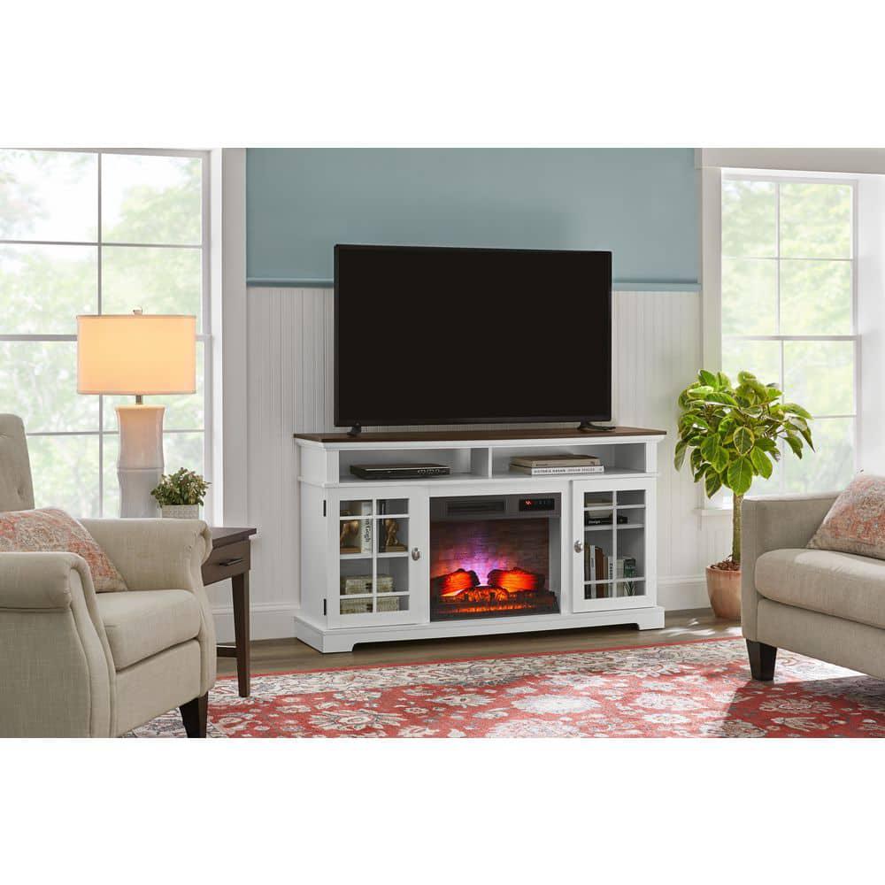 StyleWell Canteridge 60 in Freestanding Media Console Electric Fireplace TV Stand in White with Brown Top