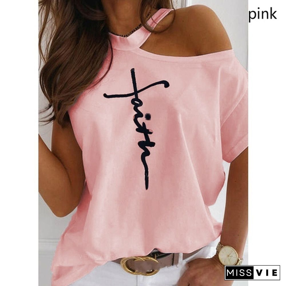 Plus Size Off Shoulder Print T Shirt Women Loose Casual Summer T-shirt Short Sleeve Cotton Tops