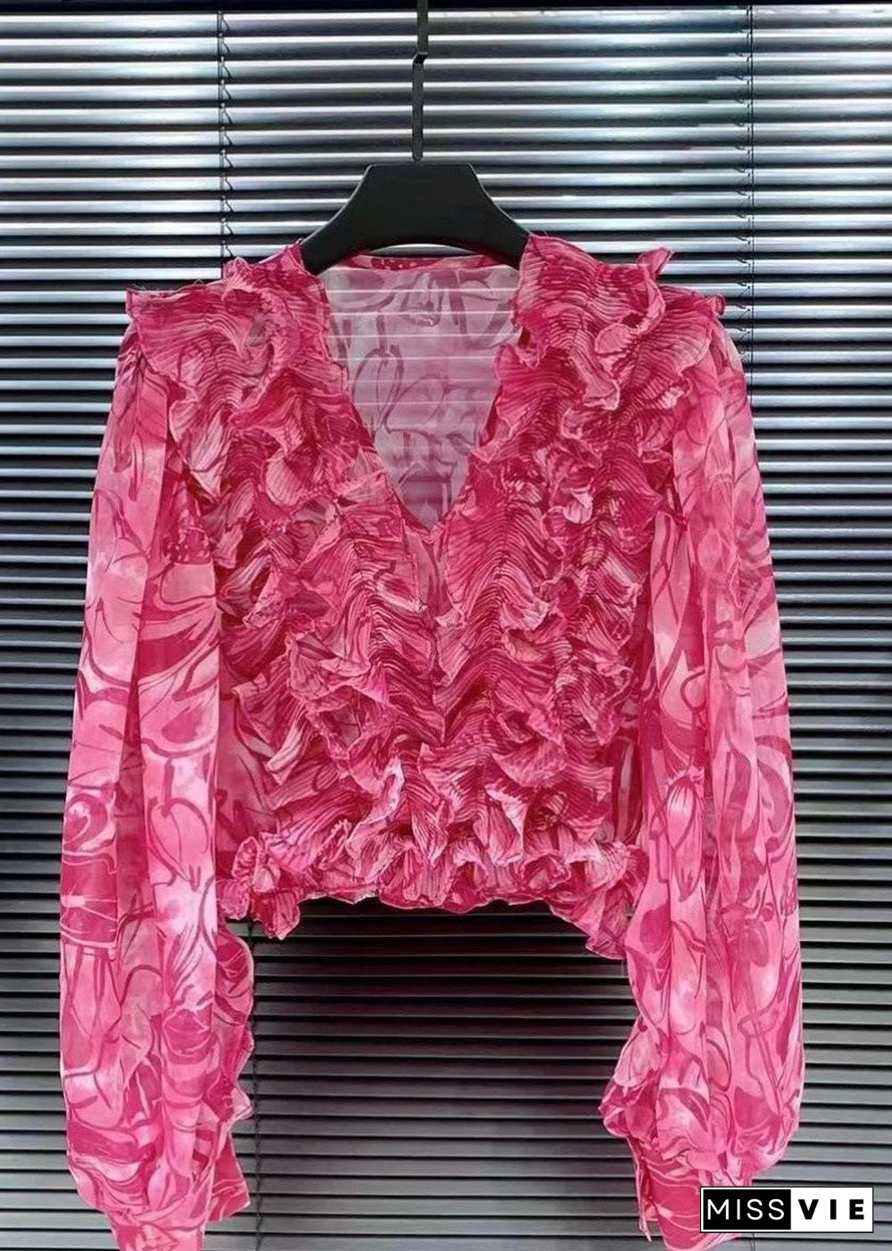 Style Rose V Neck Ruffled Print Patchwork Chiffon Shirt Top Summer