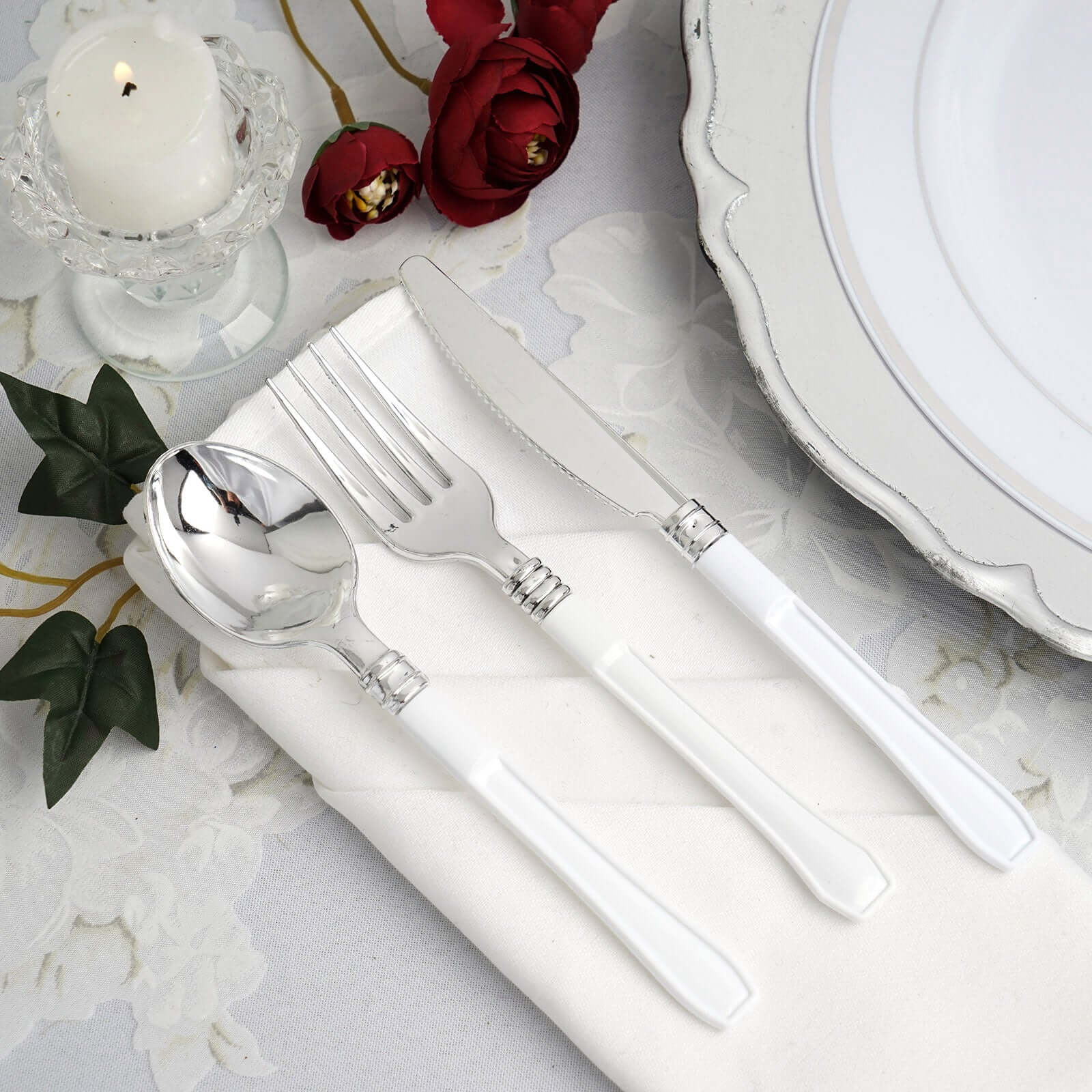 25 Pack Light Silver Heavy Duty Plastic Forks with White Handles, Disposable Utensils 7