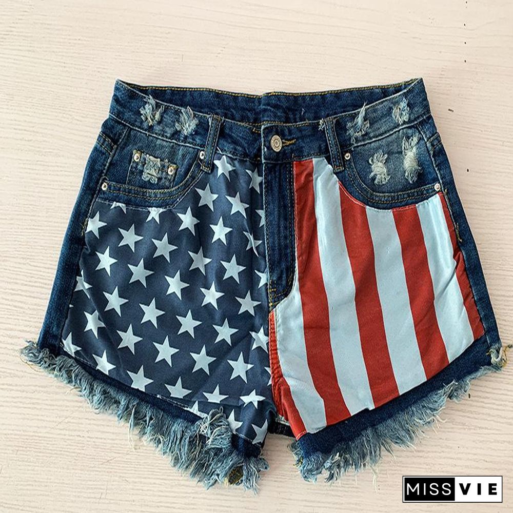 Flag Tassel Star Printed Denim Women's Shorts