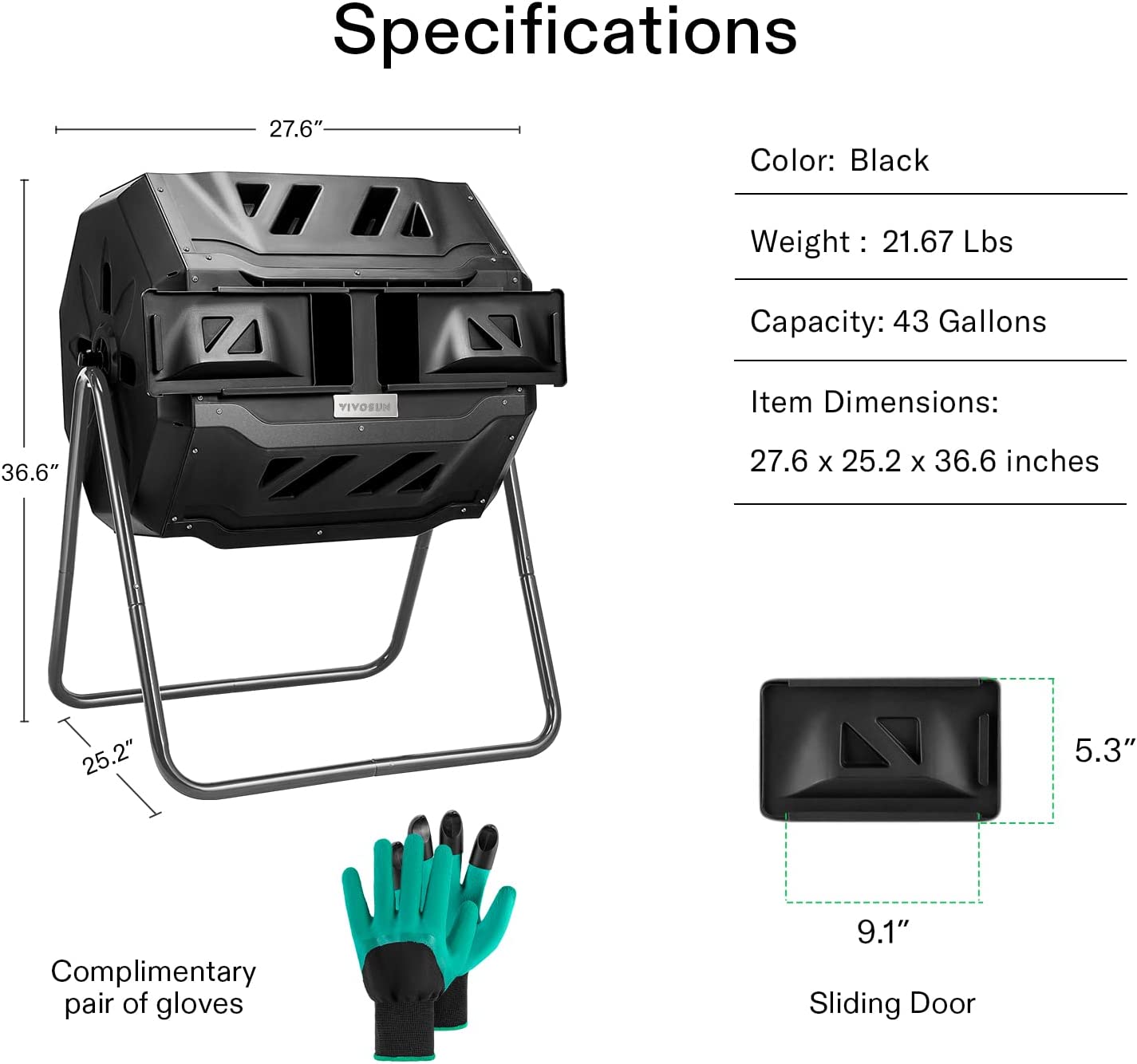 General Outdoor Tumbling Composter Dual Rotating Batch Compost Bin  43 Gallon Black Door