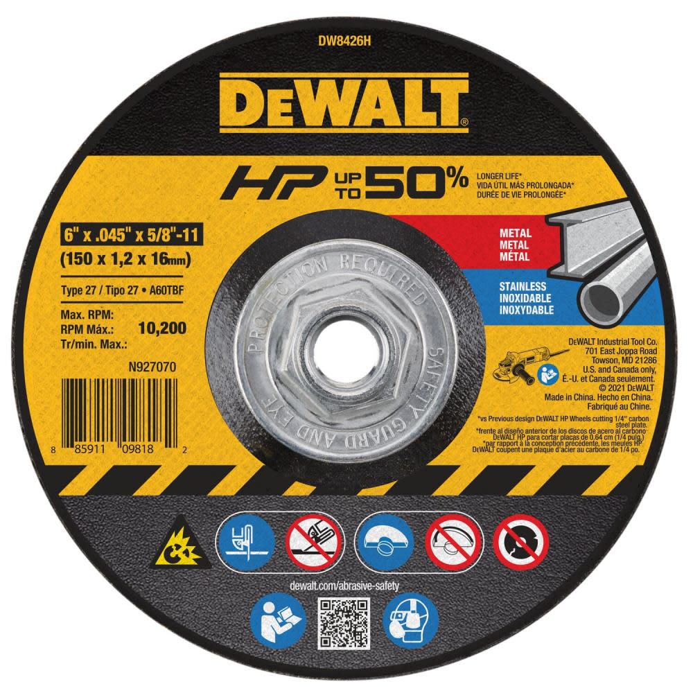 DEWALT Cutting Wheel 6 x .045 x 5/8-11 HP T27 ;