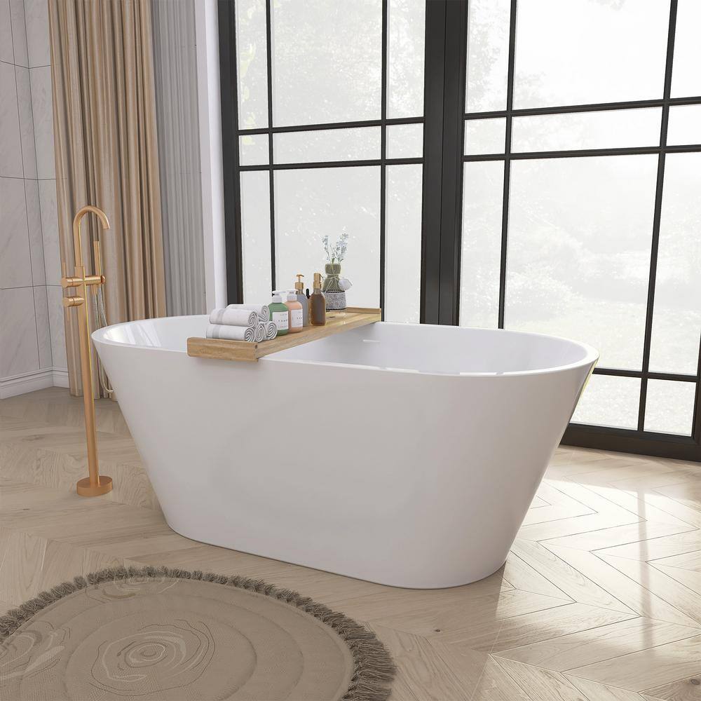 Zeafive 55 in. x 27.5 in. Acrylic Soaking Tub Flatbottom Free Standing Bathtub Chrome Anti-clogging Drain in Glossy White Z32E4S55W