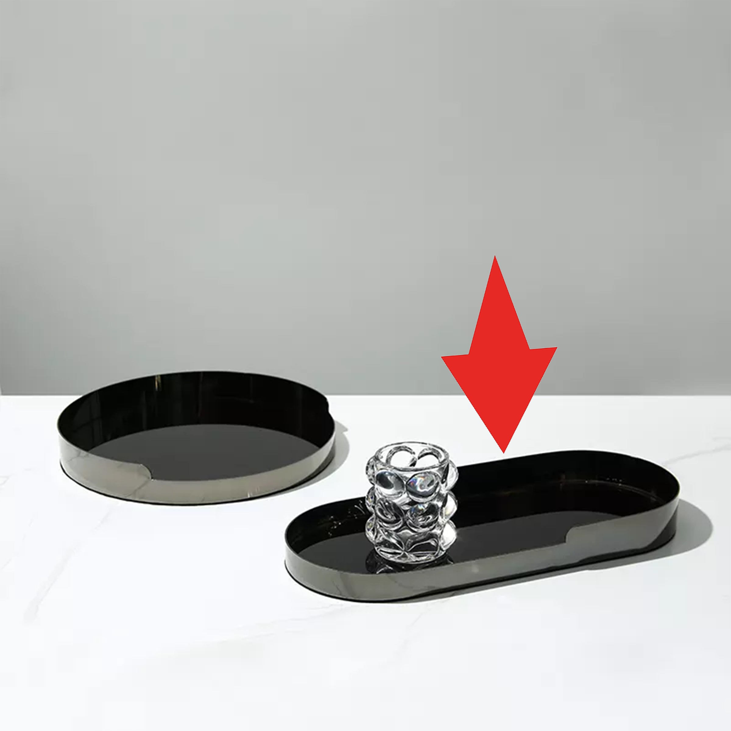 Black Glass Tray With Silver Metal Detail - Oval Fc-W22007