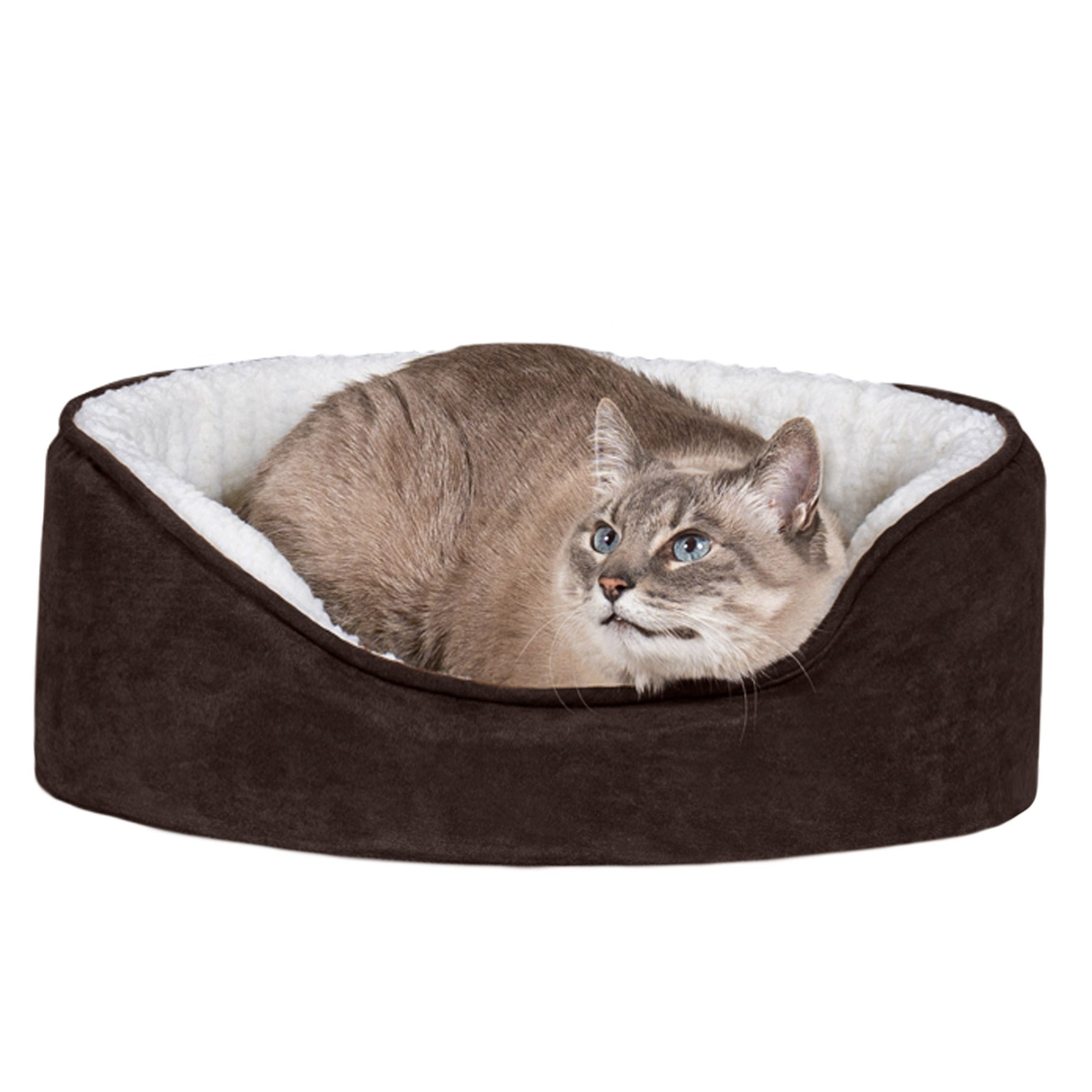 FurHaven | Orthopedic Faux Sheepskin and Suede Oval Pet Bed for Dogs and Cats， Espresso， Small