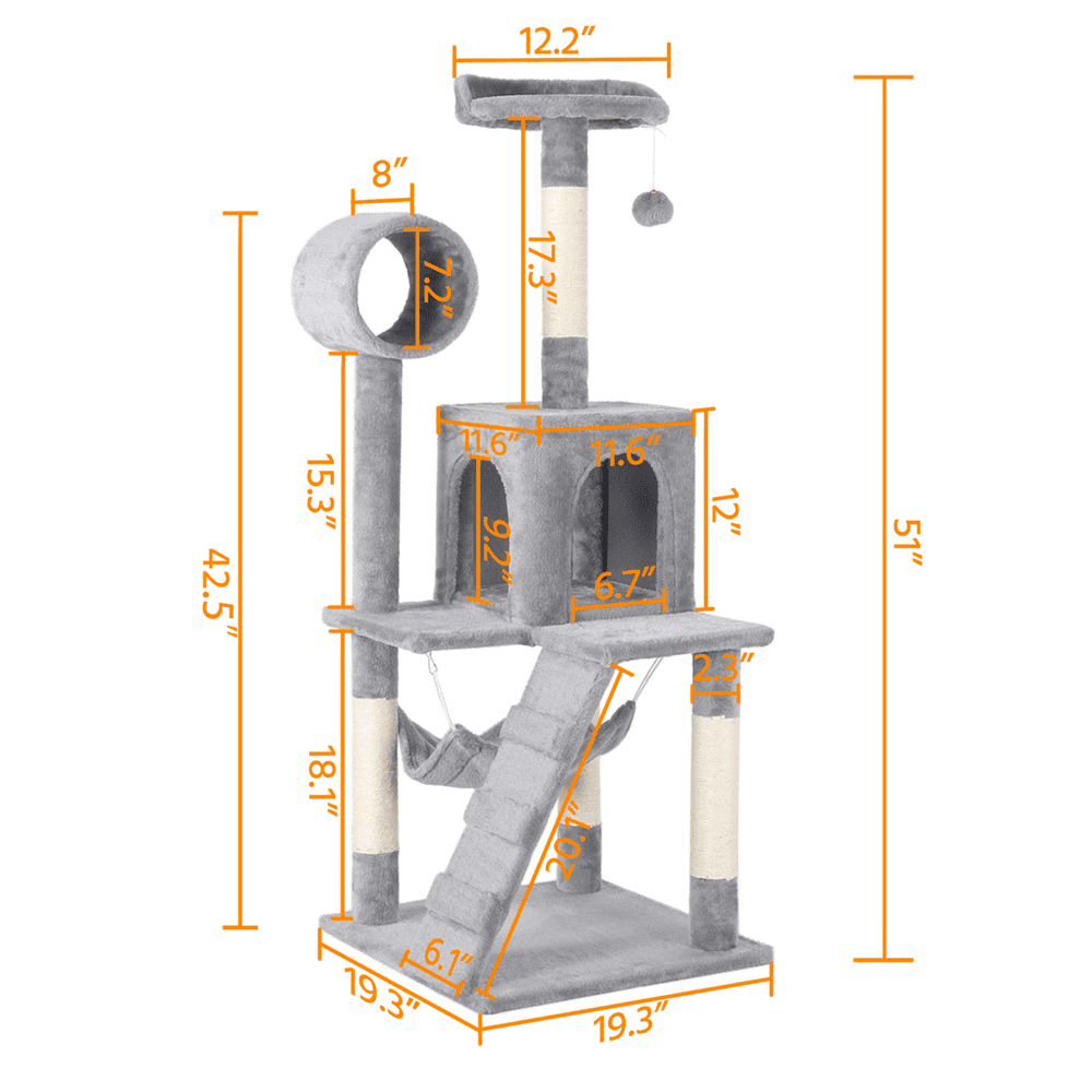 Easyfashion 51'' Multilevel Cat Tree with Condo， Light Gray