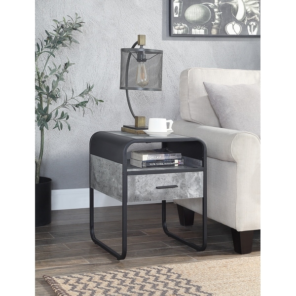 End Table Drawer， Concrete Gray and Black Finish，KD?Metal Frame，Side Metal Glide Drawer，Curved Edges Design，End Tables