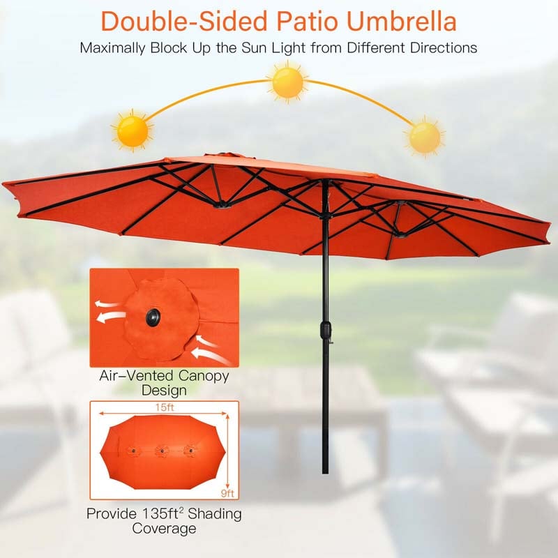 15FT Double-Sided Twin Patio Umbrella with Base & Crank System, Extra-Large Cantilever Market Umbrella