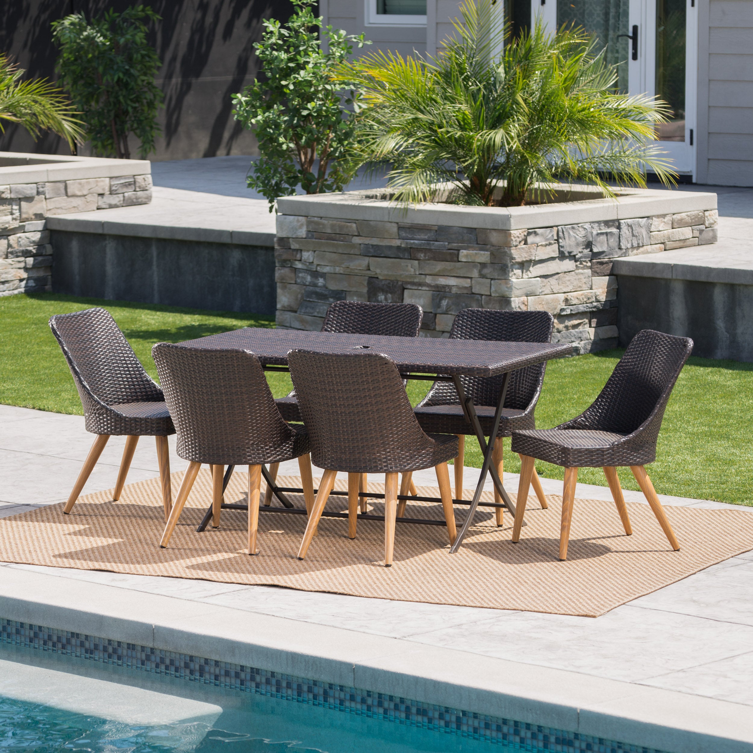 Fitzgerald Outdoor 7 Piece Multi-brown Wicker Dining Set