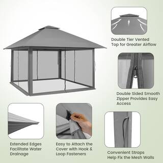 Costway 13 ft. x 13 ft. Grey Pop-Up Instant Canopy Tent Mesh Sidewall UV50 Plus Adjust Outdoor Patio NP10828GR