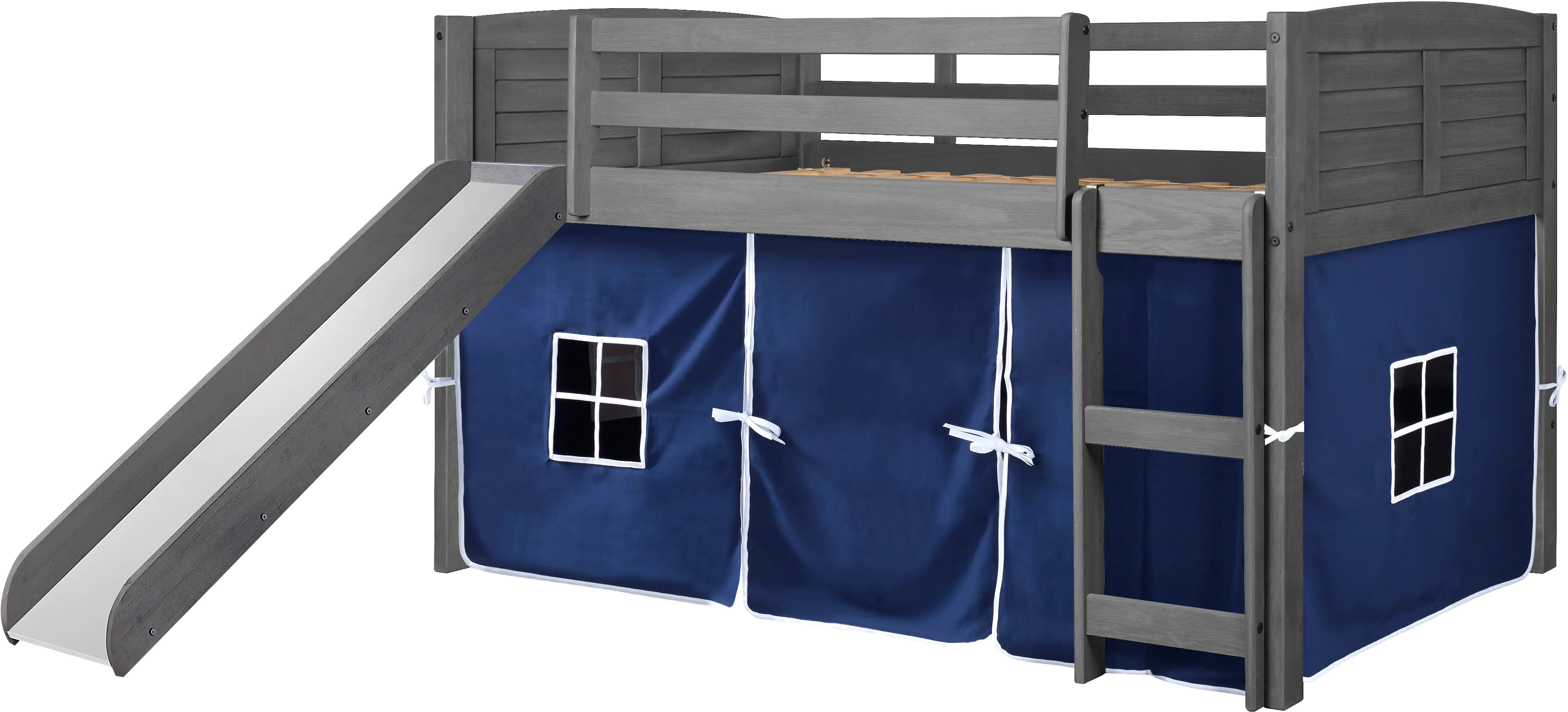 Louver Antique Gray Twin Loft Bed with Blue Tent and Slide