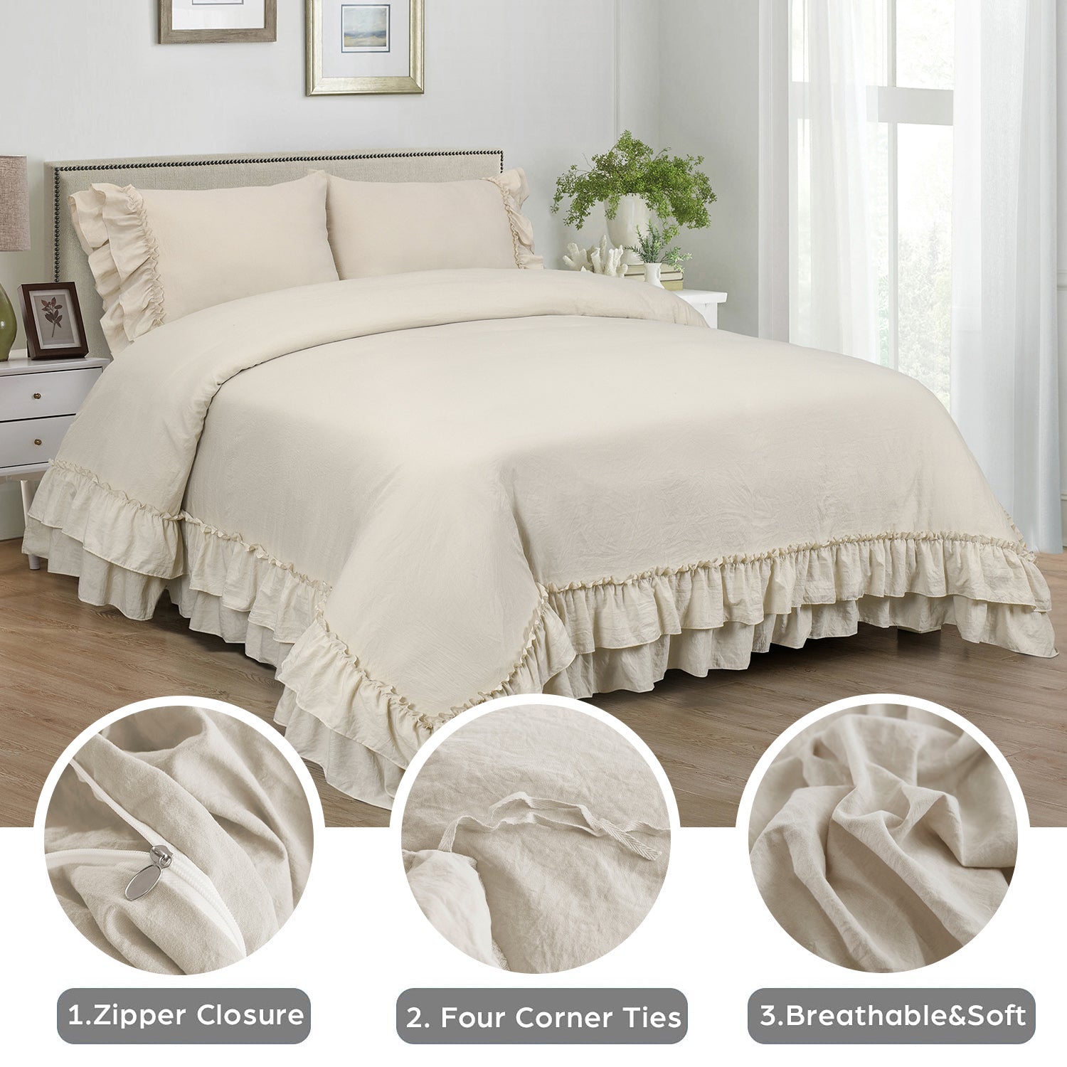 3 Piece Pre-Washed Microfiber Handmade Ruffle Fringe Duvet Cover Set-Hans