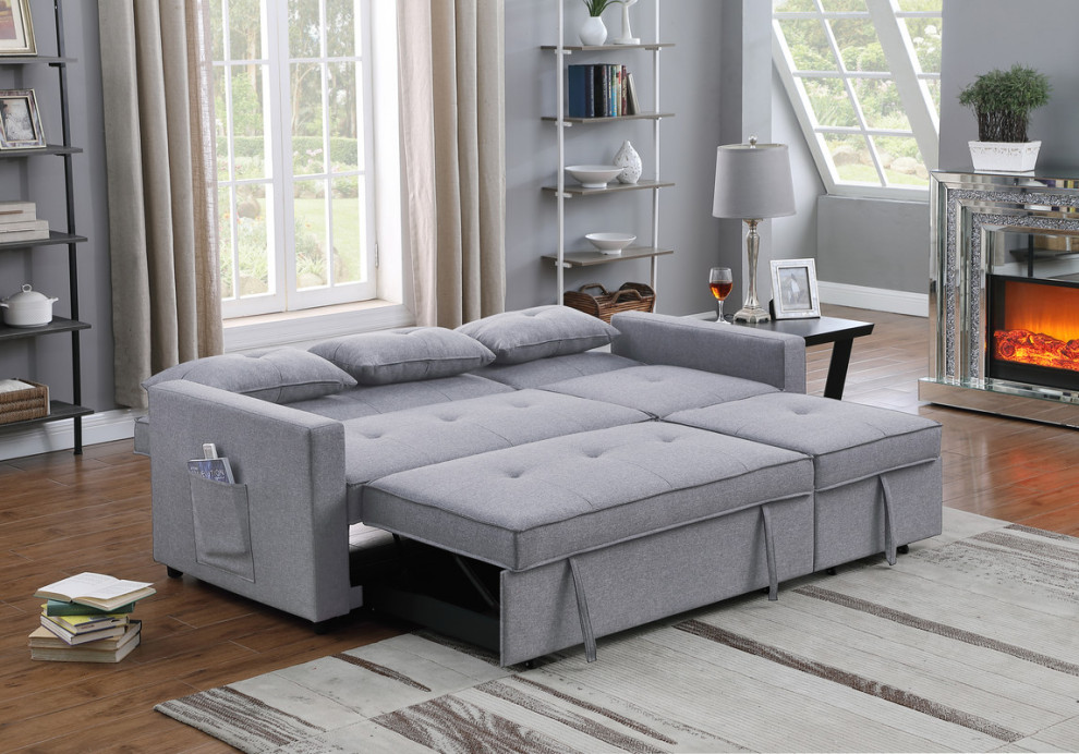 Zoey Linen Convertible Sleeper Sofa With Side Pocket   Transitional   Sleeper Sofas   by Lilola Home  Houzz