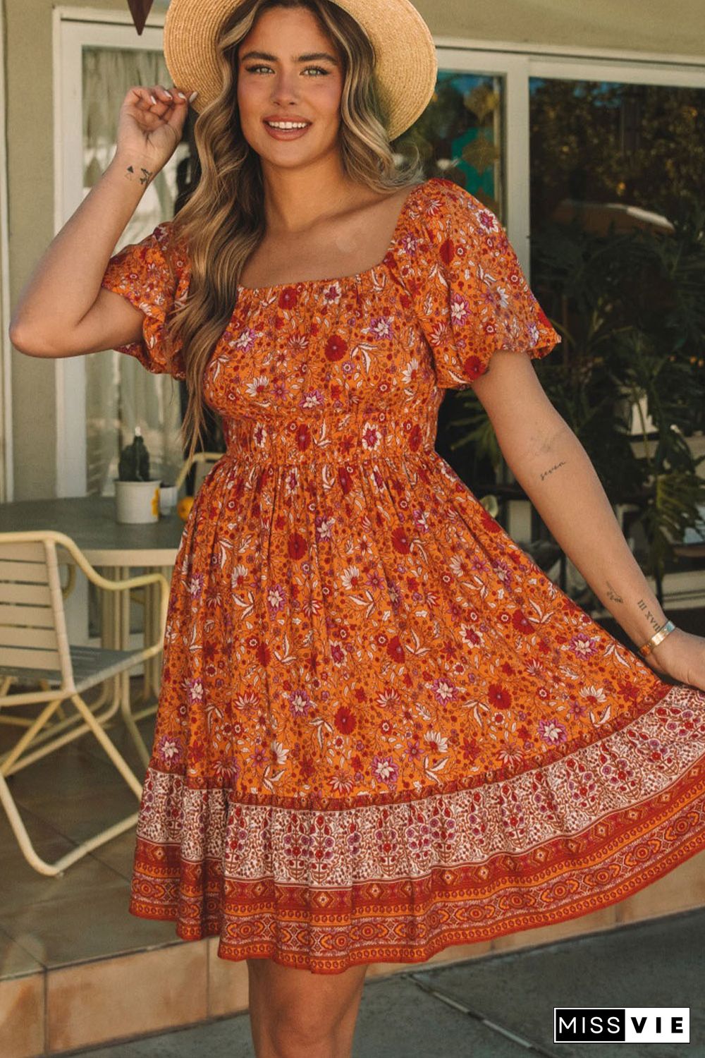 Orange Square Neck Puff Sleeves Flowy Floral Dress