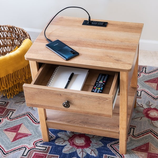 DecorTech Traditional Rectangular End Table with AC Power and USB Charging Ports， Oak