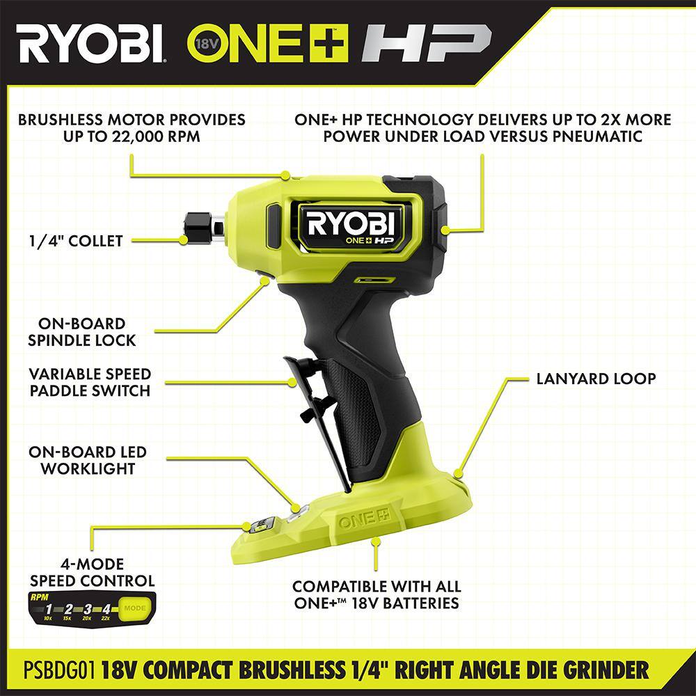 RYOBI ONE+ HP 18V Brushless Cordless Compact 14 in. Right Angle Die Grinder w FREE 4.0 Ah HIGH PERFORMANCE Battery  Charger PSBDG01B-PSK014