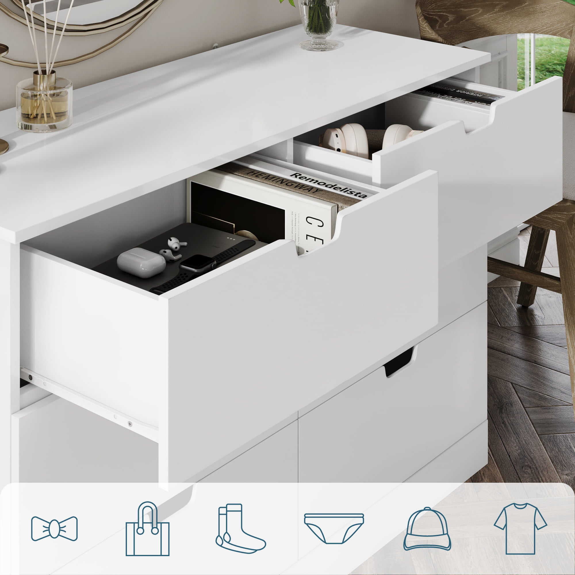 Homfa 6 Drawer Dresser for Bedroom, Modern White Chest, Wood Storage Cabinet for Living Room