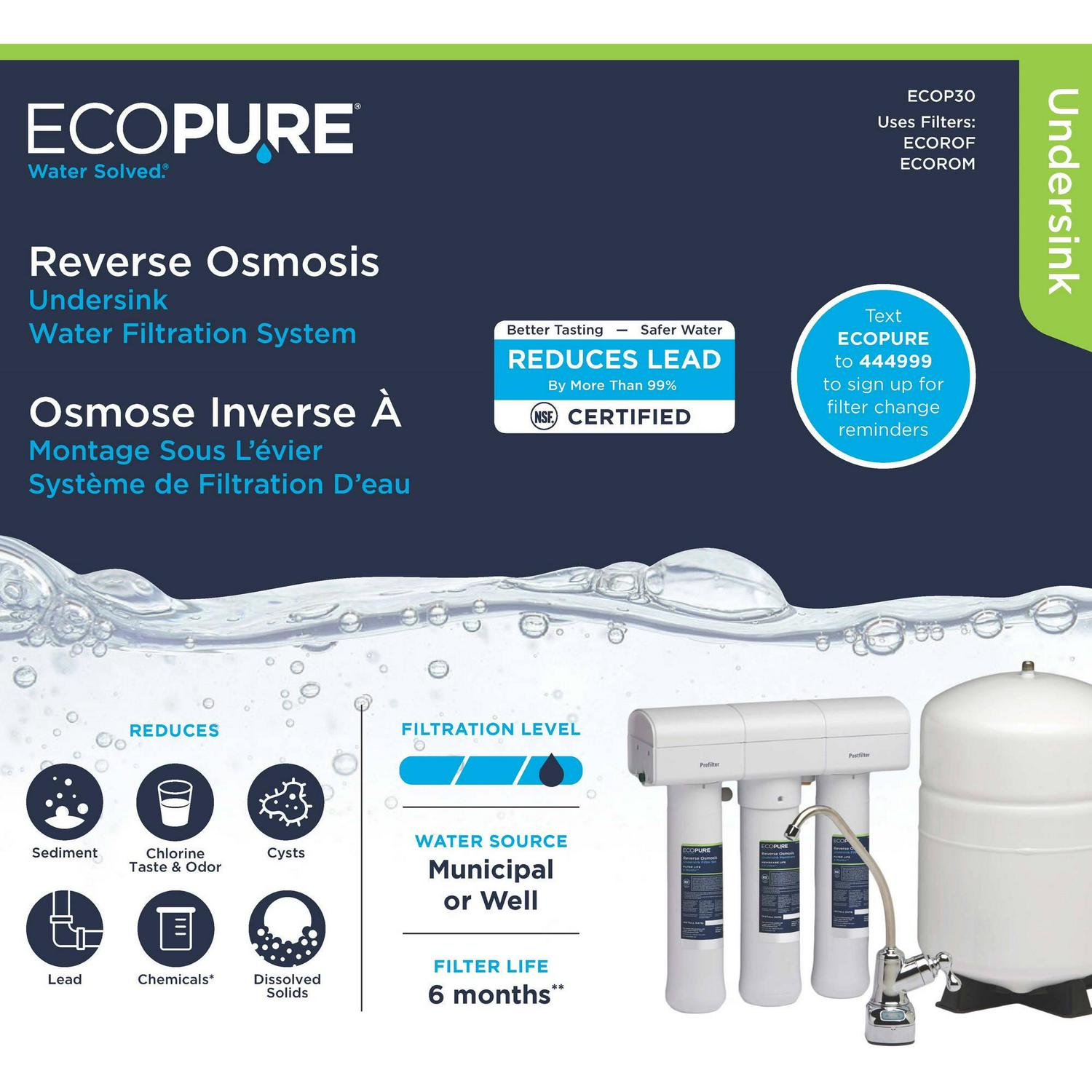 EcoPure Reverse Osmosis Under Sink Water Filtration System (ECOP30) | NSF Certified | Bottled Water Quality for a Fraction of the Price