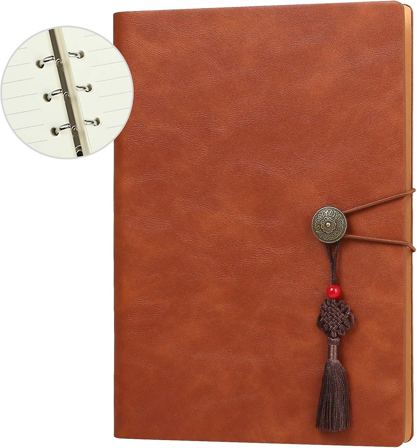 A5 Refillable Lined Leather Journal， Ruled Hardcover Executive Writing Notebook With Card Holder and Elastic Closure， 200 Pages， 8.2 X 5.8 In， Brown