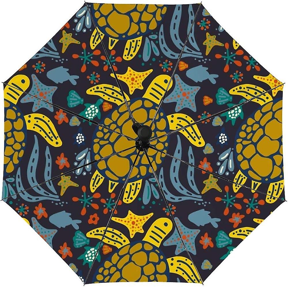 Colourlife Travel Umbrella Sea Tortoise Pattern Automatic Windproof Foldable Umbrella For Sun and Rain