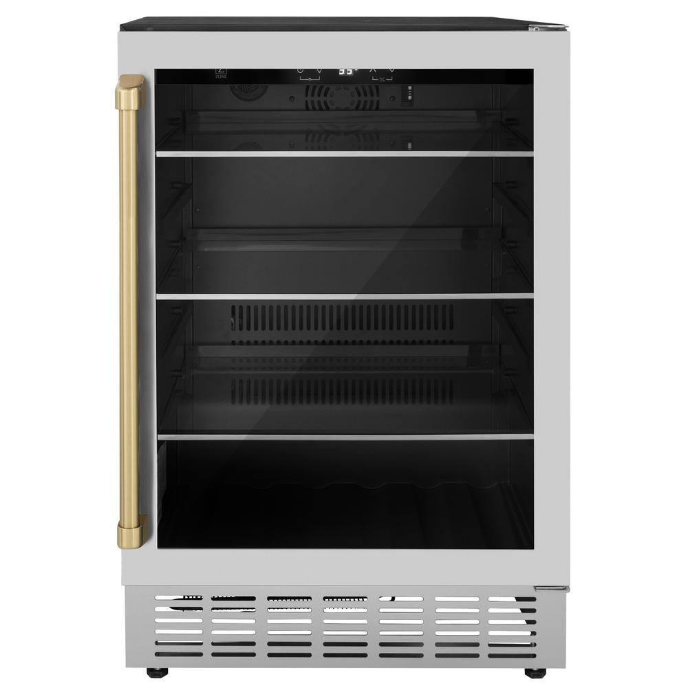 ZLINE Kitchen and Bath Monument Autograph Edition 24 in. Single Zone 154-Can Beverage Fridge with Champagne Bronze Handle in Stainless Steel RBVZ-US-24-CB