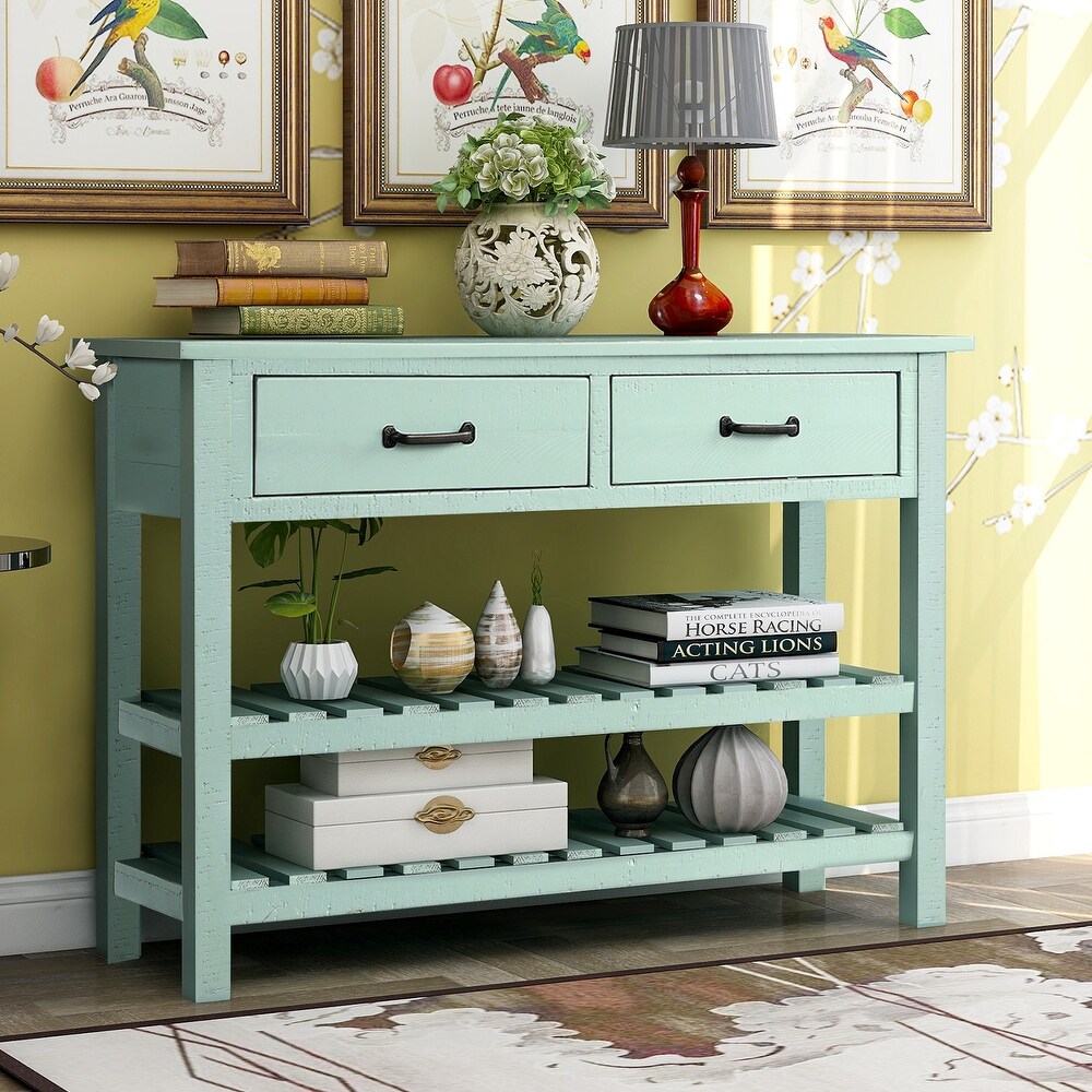 Rectangular Console Table with Clean Lines   with Two Open Slatted Shelves   Two Drawers