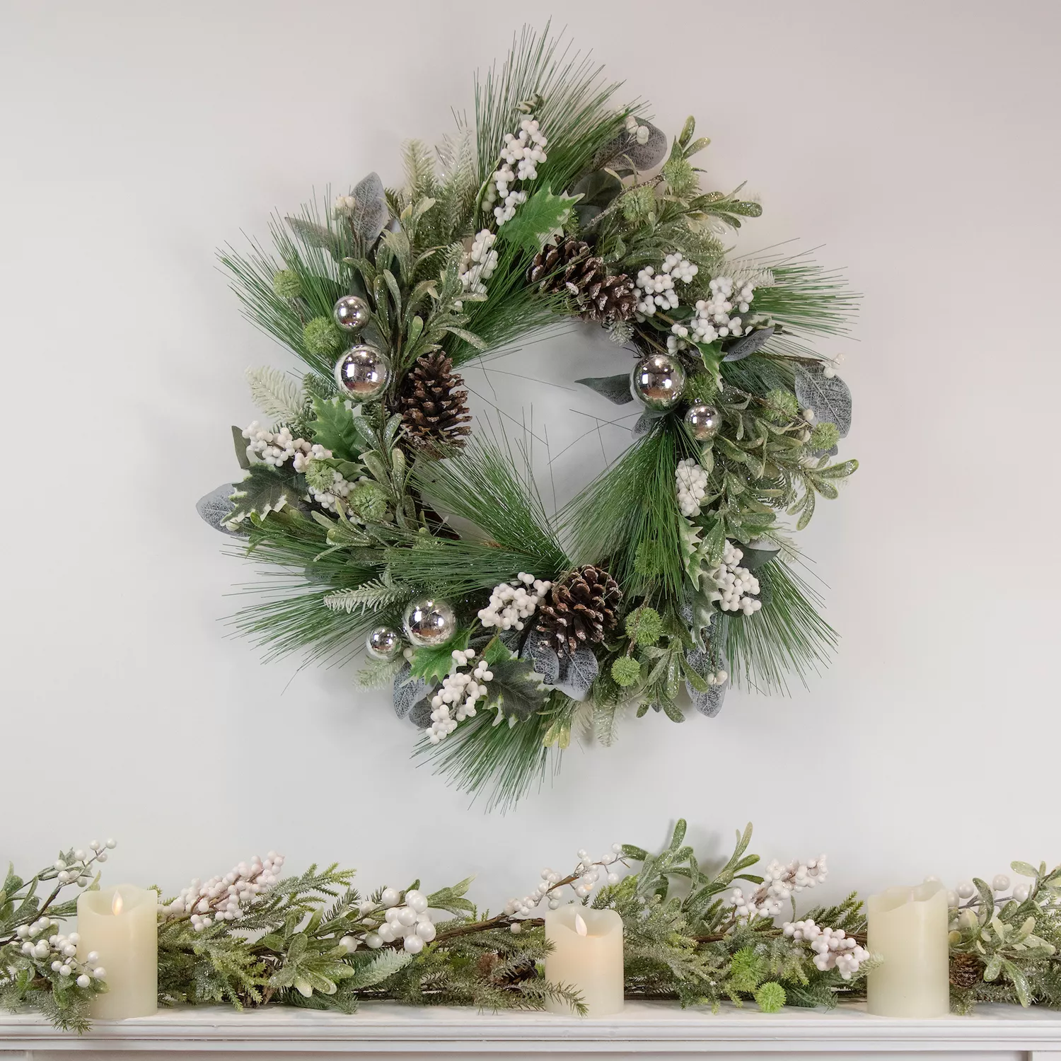 Artificial Christmas Wreath with Assorted Foliage and Berries  24-Inch  Unlit