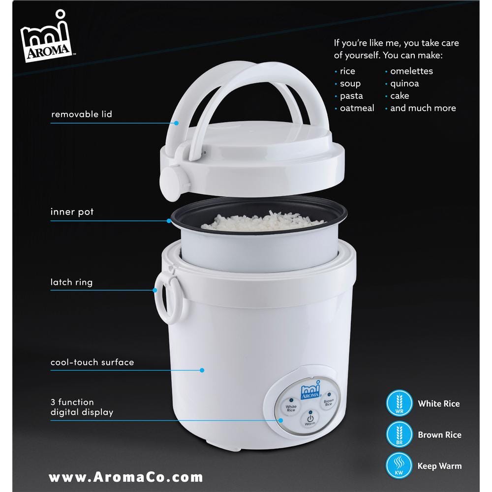 AROMA 3-Cup White Mini Rice Cooker with Non-Stick Cooking Pot MRC-903D