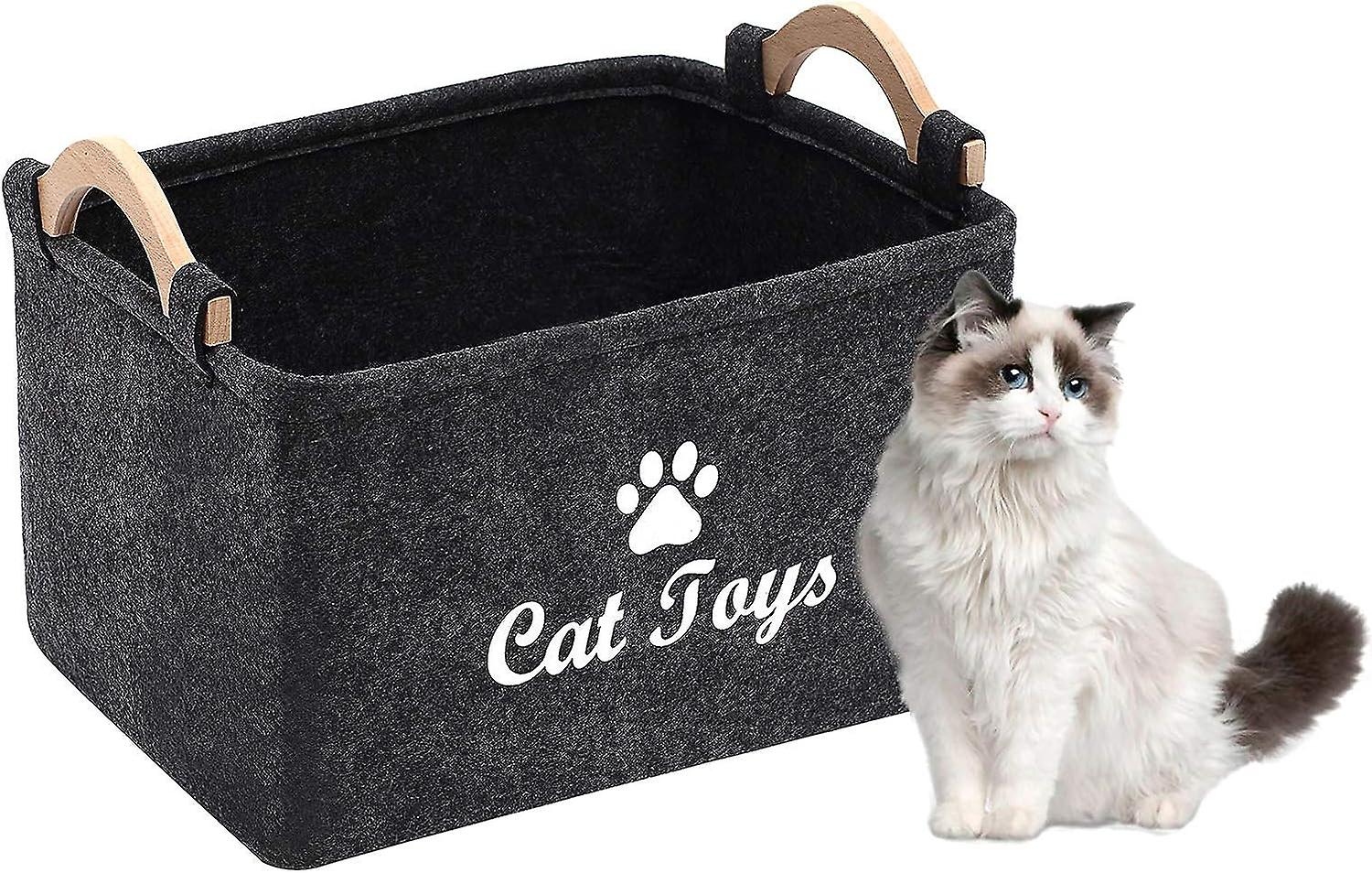 Cat Toy Storage Basket - Storage Box With Wooden Handle， Storage Box For Cat Toys， Clothes And Pet Accessories-dark Gray