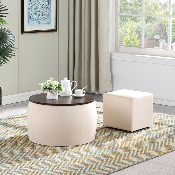 2 in 1 Combination Round Ottoman Set ，Coffee Table with Storage