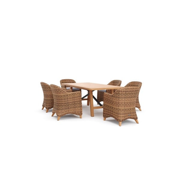 Winston Truss 7-Piece Natural Teak Fully Woven Vintage Earth Weave Captain's Chair and Teak Dining Table Dining Set -  - 32282834