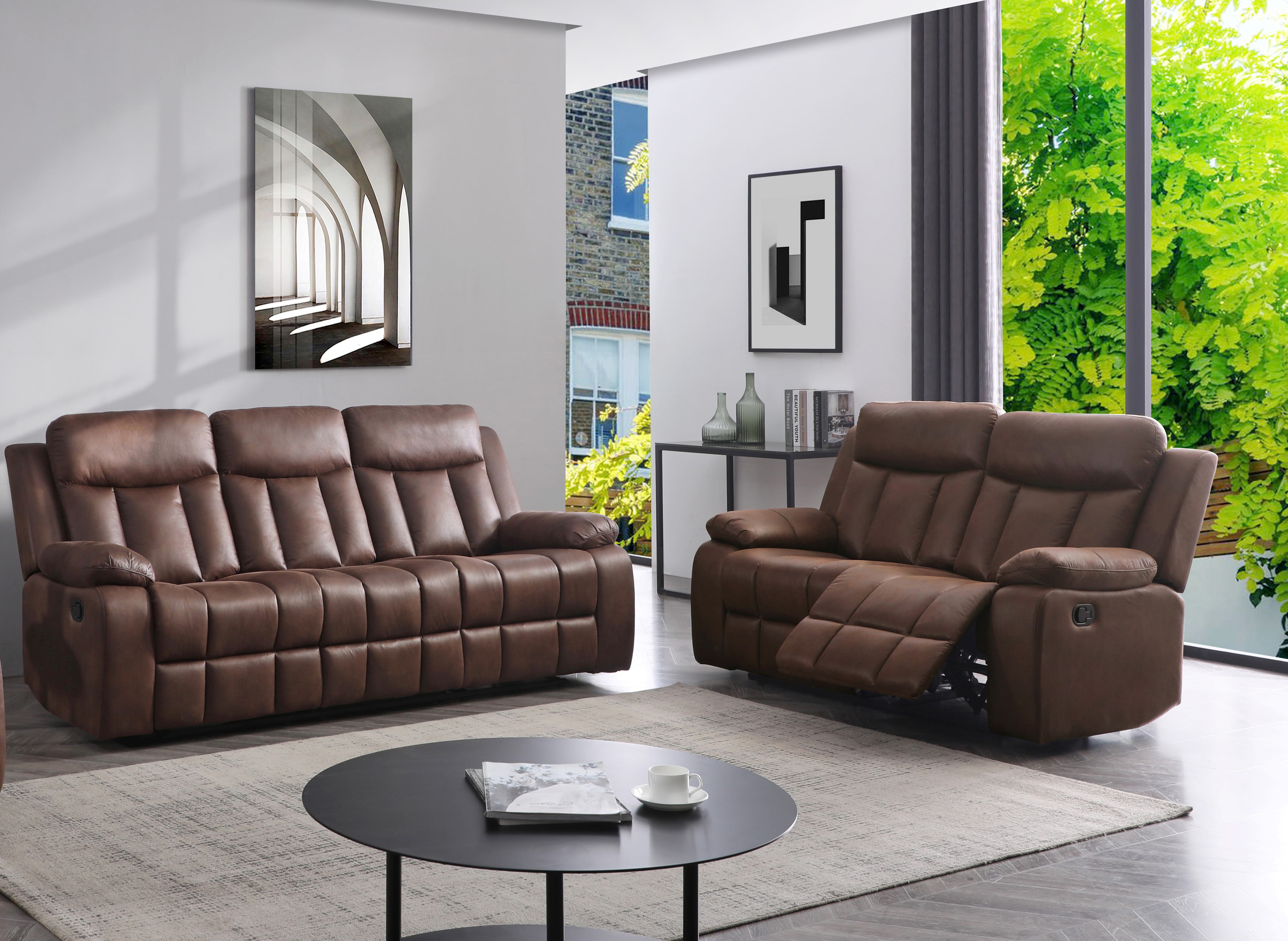 Betsy Furniture 3-PC Microfiber Fabric Recliner Set Living Room Set in Brown, Sofa Loveseat Chair Pillow Top Backrest and Armrests 8028 (Living Room Set 3+2+1)