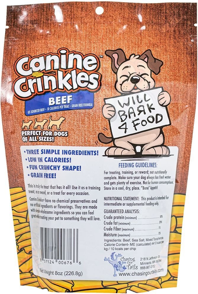 Chasing Our Tails Canine Crinkles Beef Dehydrated Dog Treats， 8-oz bag