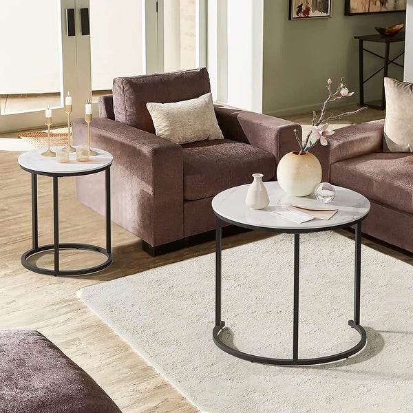 Round Coffee Table Set of 2， Modern Accent Marble Texture Coffee Tables