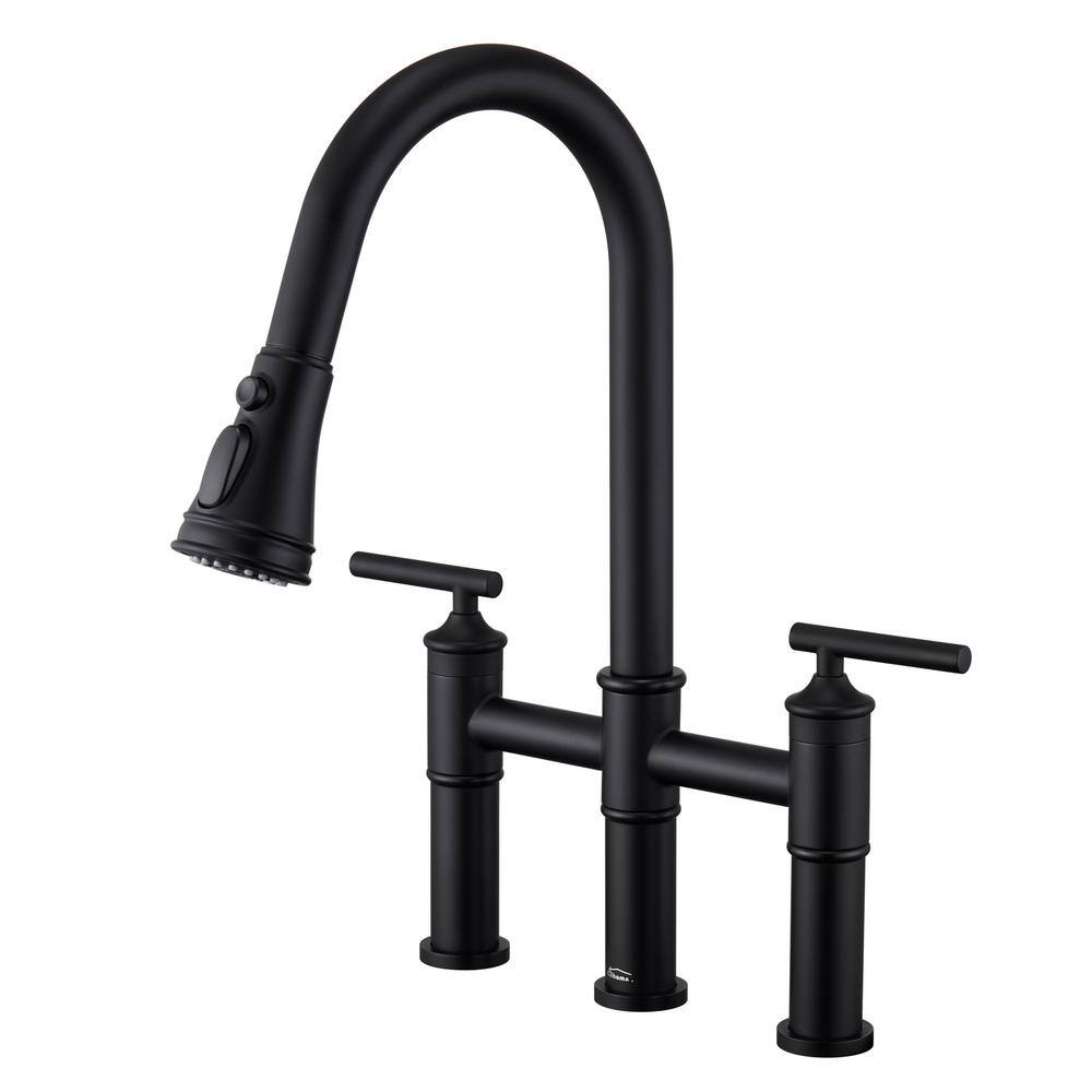 Boyel Living Double Handle Bridge Pull-Down Kitchen Faucet with 3-Spray Patterns and 360 Degrees Rotation Spout in Matte Black BL-KF02MB